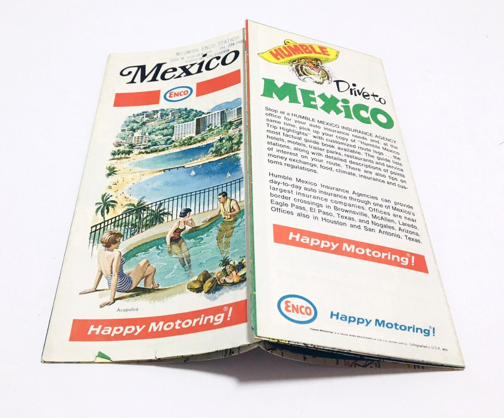 Vintage 1967 Enco Mexico Guide Folding Street Road Map Collectible Pool Beach